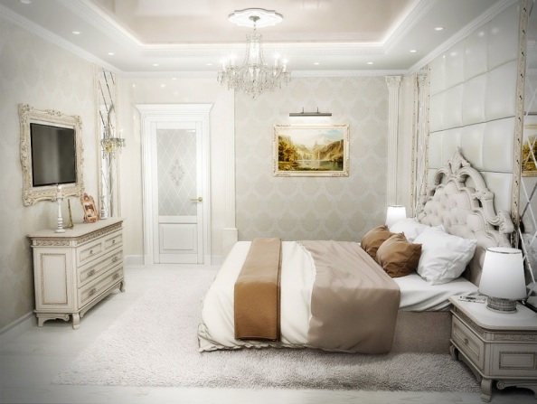 Белый ковер в интерьере спальни